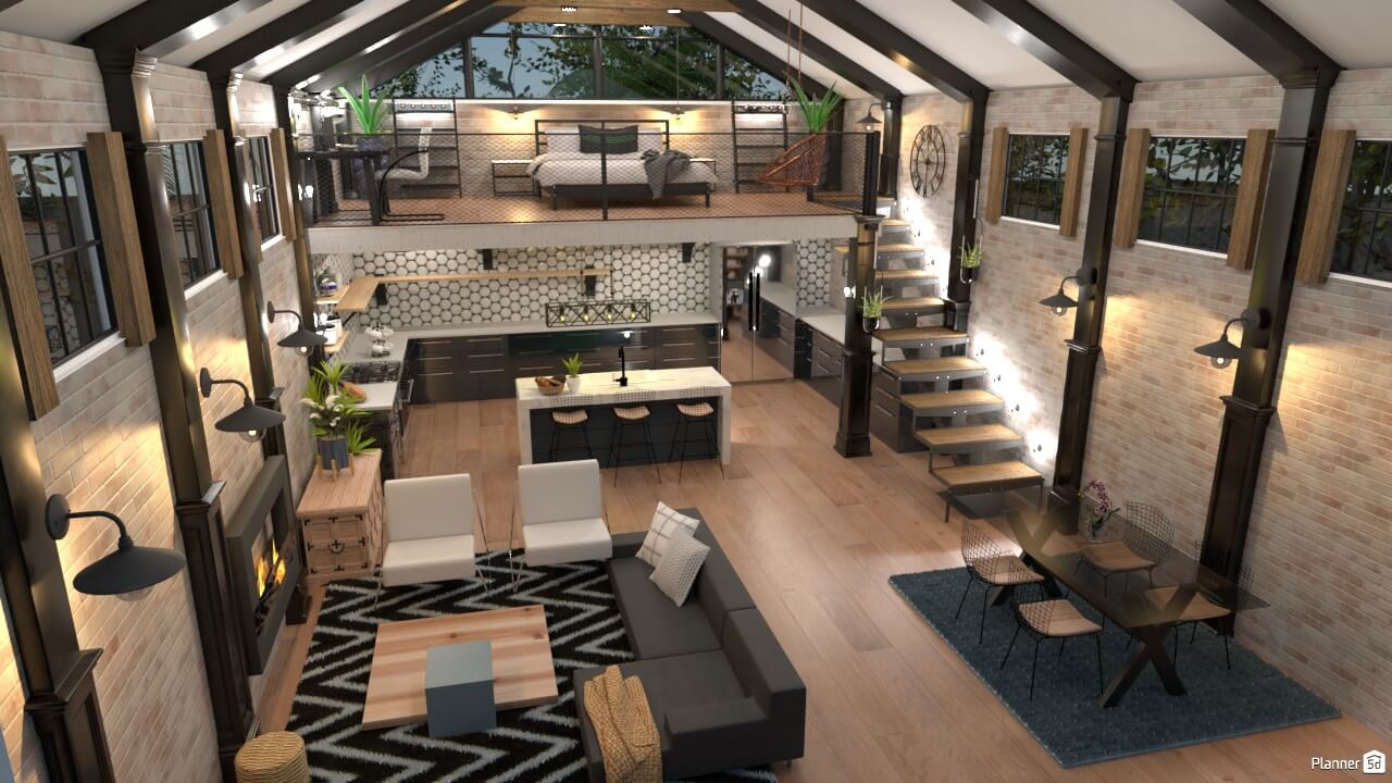 Rendering of an industrial loft with mezzanine