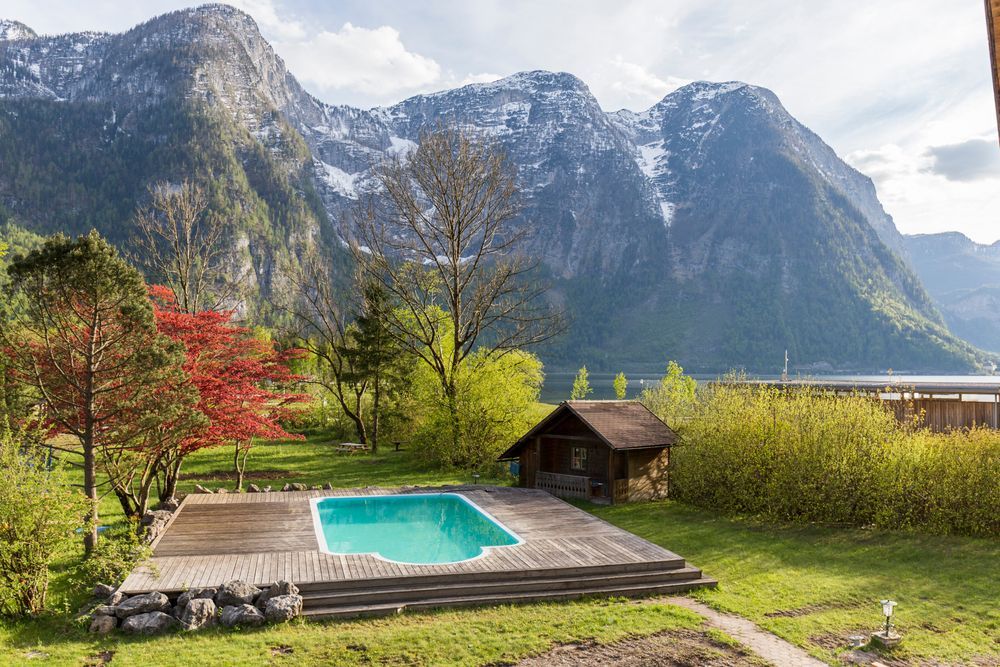 A small rustic pool house in the mountains