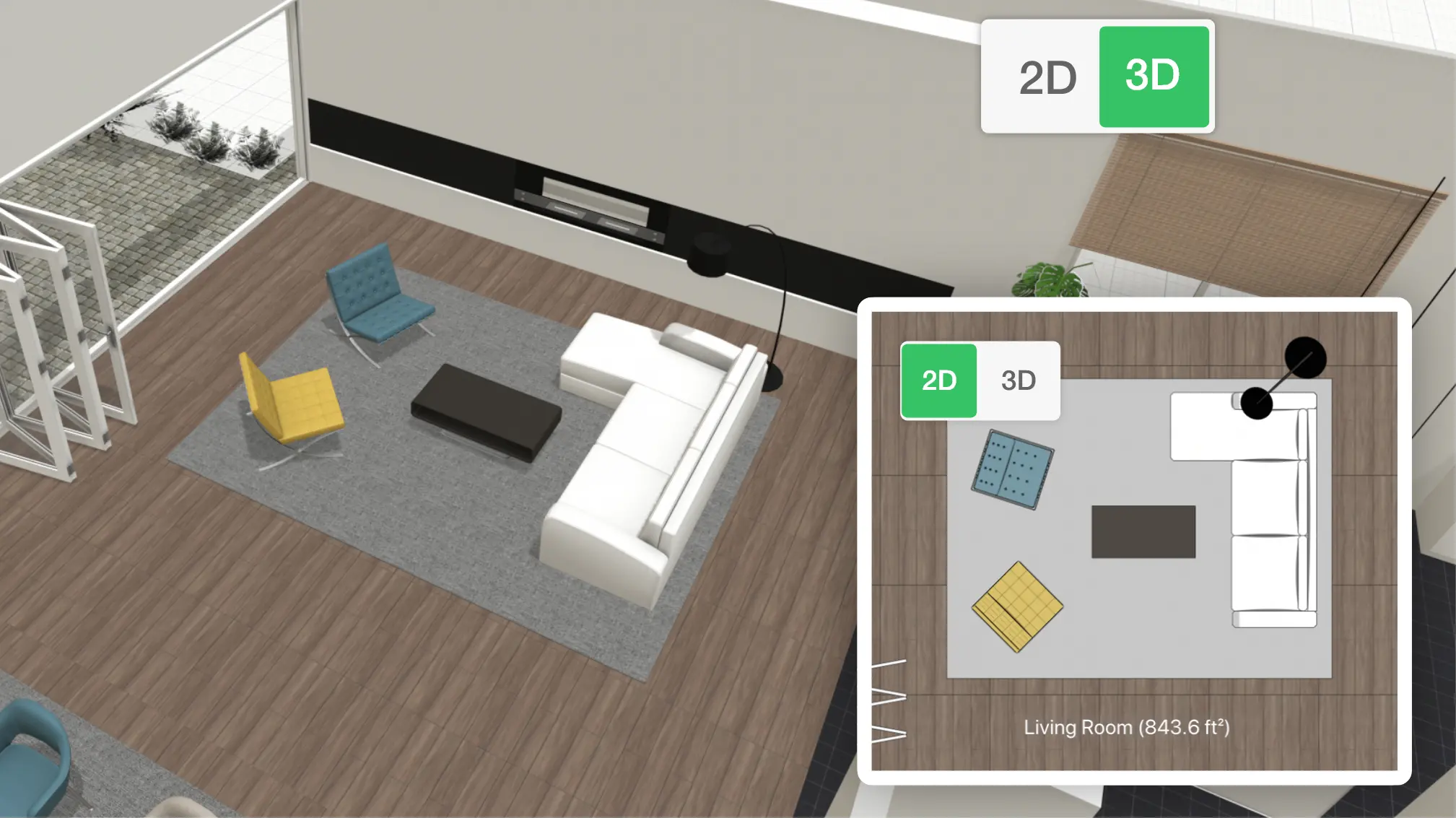 vue de dessus sur la conception en 3D du salon
